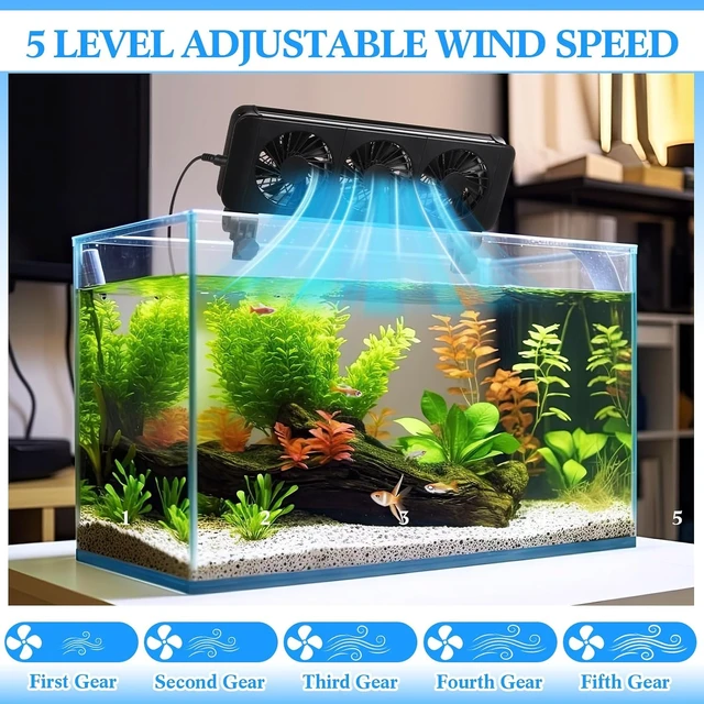 Alt view image 6 of 7 - 3-Head Adjustable Aquarium Cooling Fan (2 Pcs) with Timer & 5 Wind Speeds, Quiet Fish Tank Chiller Fan for Freshwater & Saltwater Tanks