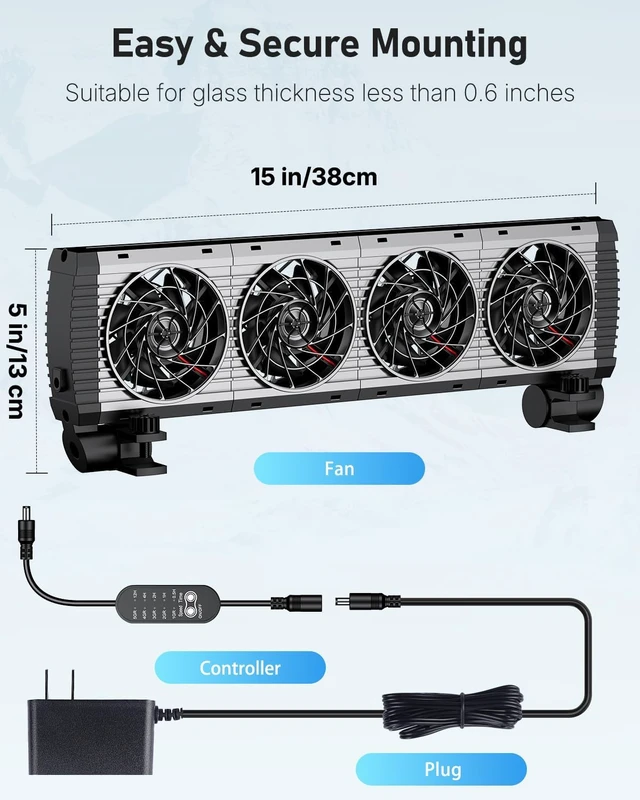 Alt view image 5 of 7 - Fish Tank Cooling Fan with 5 Speed Modes & Timer Aquarium & Terrarium Water Chiller Fan for Freshwater and Saltwater Tanks