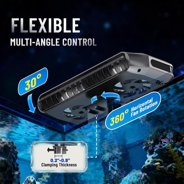 Alt view image 5 of 7 - Ultra-Quiet Powerful Aquarium Fan, 3-7 Cooling Effect with 3 Adjustable Speed Modes, Fits Aquariums With or Without Edges for Axolotl, Seawater, Freshwater, Coral & Grass Tanks
