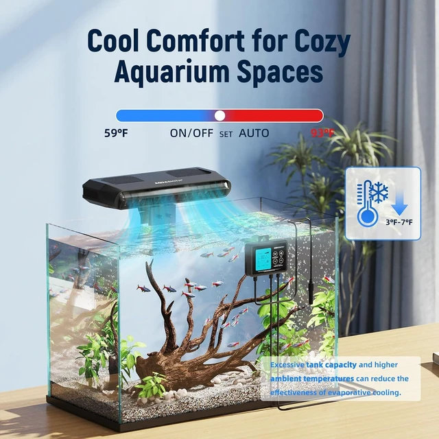 Alt view image 2 of 7 - Fish Tank Cooler with Temperature Control & 3 Speed Modes, Min Setting 59, Auto Start/Stop, 3-7 Cooling Effect Aquarium Chiller Fan for Axolotl, Seawater, Freshwater, Coral & Grass Tanks