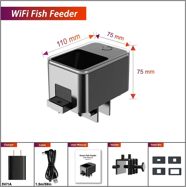 Alt view image 6 of 6 - WiFi Automatic Fish Feeder & Dispenser for Aquarium with App Timer, Remote Control, USB Power Suits Pelleted Fish Tank Food, Black