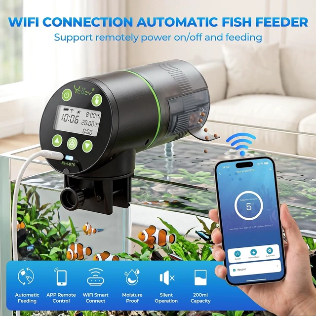Alt view image 2 of 7 - WiFi Auto Fish Food Dispenser with Remote APP Control, Plug Powered, Plug & USB-C Cable Vacation Automatic Fish Feeder for Small Tank, Betta & Turtle