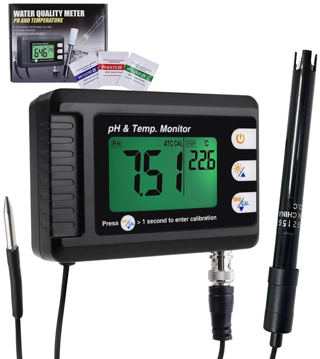 Main image of Digital pH & Temperature Combo Meter with Auto Calibration Aquarium Thermometer & pH Monitor for Fish Tanks, Hydroponics, Aquaculture & Labs
