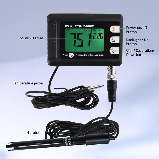 Alt view image 5 of 7 - Digital pH & Temperature Combo Meter with Auto Calibration Aquarium Thermometer & pH Monitor for Fish Tanks, Hydroponics, Aquaculture & Labs
