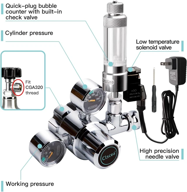 Alt view image 3 of 7 - R100S Dual-Gauge Aquarium CO2 Regulator with Solenoid & Bubble Counter