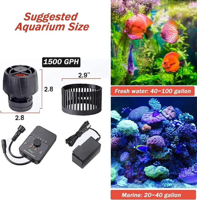 Alt view image 5 of 7 - 1500 GPH Adjustable-Flow Aquarium Wave Maker, 24V DC Quiet Magnetic Pump with Controller & Fish Guard for 20-100 Gallon Saltwater & Freshwater Tanks