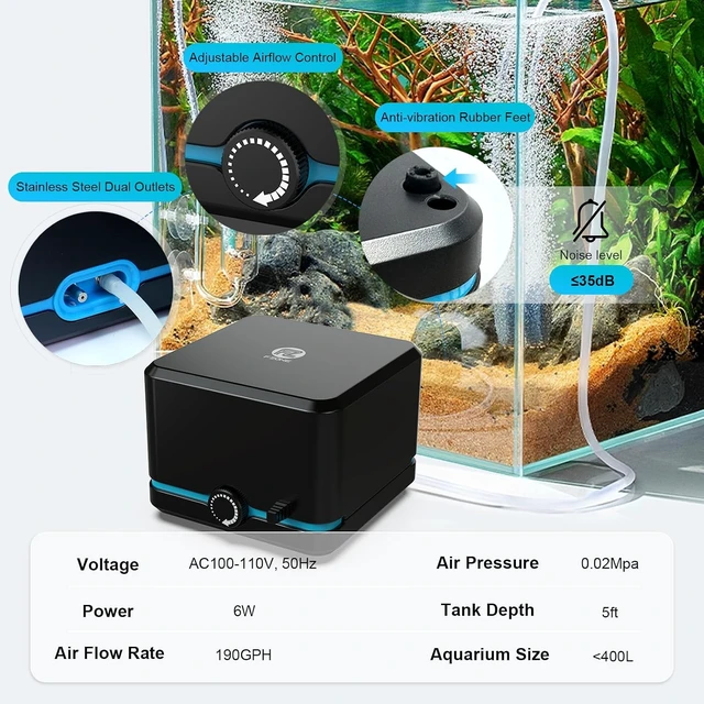 Alt view image 2 of 6 - Ultra-Quiet Dual-Outlet Aquarium Air Pump with Air Stones Oxygen Aerator