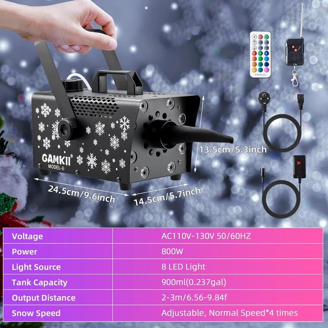 Alt view image 5 of 7 - 800W Snow Machine with Speed Control, 8 LED Lights, 13 Colors & 4 Modes Snowflake Maker for Outdoor Backyard, Christmas, Wedding, Party & Stage