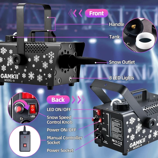 Alt view image 6 of 7 - 800W Snow Machine with Speed Control, 8 LED Lights, 13 Colors & 4 Modes Snowflake Maker for Outdoor Backyard, Christmas, Wedding, Party & Stage