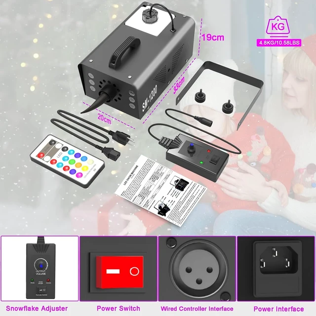 Alt view image 6 of 7 - 1200W Snow Machine with 6 LEDs & Remote Indoor/Outdoor Christmas Party Snow Maker