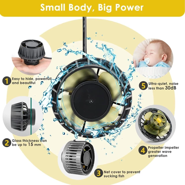 Alt view image 3 of 7 - 2114 GPH DC 24V 10W Ultra-Quiet Inverter Wavemaker with LED Controller & Magnetic Base Submersible Circulation Pump for 30-75 Gal Freshwater & Saltwater Tanks