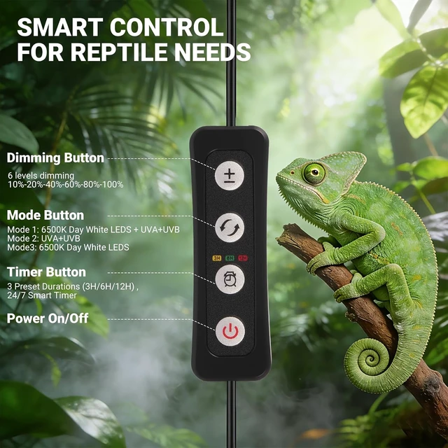 Alt view image 4 of 7 - 24W Dimmable LED UVB Reptile Light, 5.0-20.0 UVA UVB Lamp with Timer & 3 Modes, 6500K Daylight for Bearded Dragons, Chameleons, Turtles, Lizards, Geckos & Snakes, 10-40 Gallon