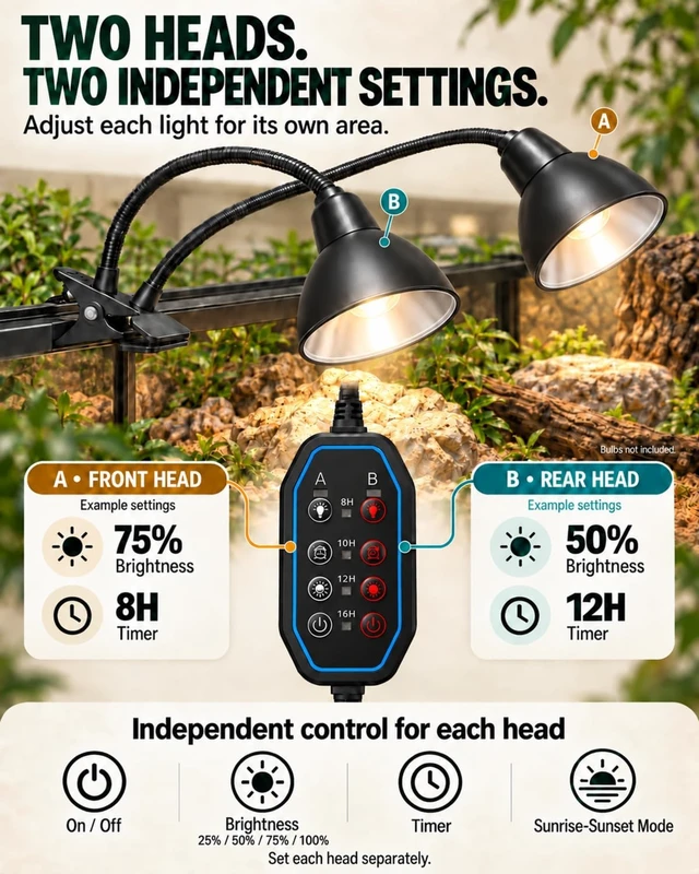 Alt view image 3 of 7 - Dual-Head Sunrise & Sunset Reptile Heat Lamp Fixture (Bulb Not Included)