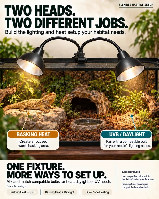 Alt view image 5 of 7 - Dual-Head Sunrise & Sunset Reptile Heat Lamp Fixture (Bulb Not Included)