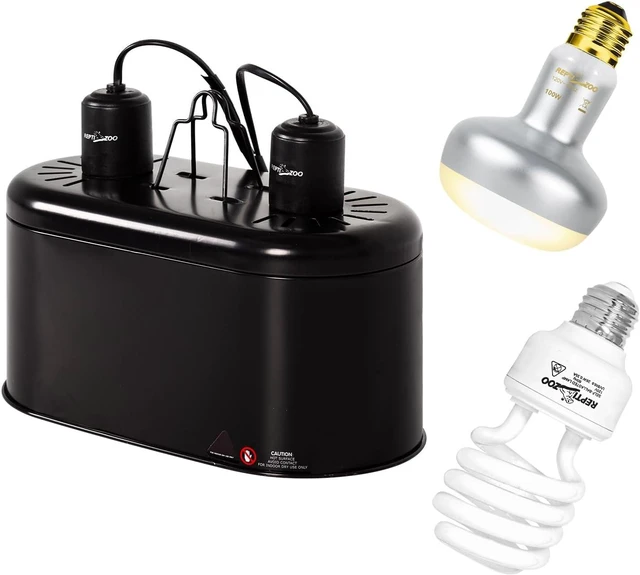 Main image of Reptile Heat Lamp Combo Pack with Dual Fixture 100W Intense UVA Basking Spot & 26W Energy-Saving UVA UVB 10.0 Spiral Compact Bulb