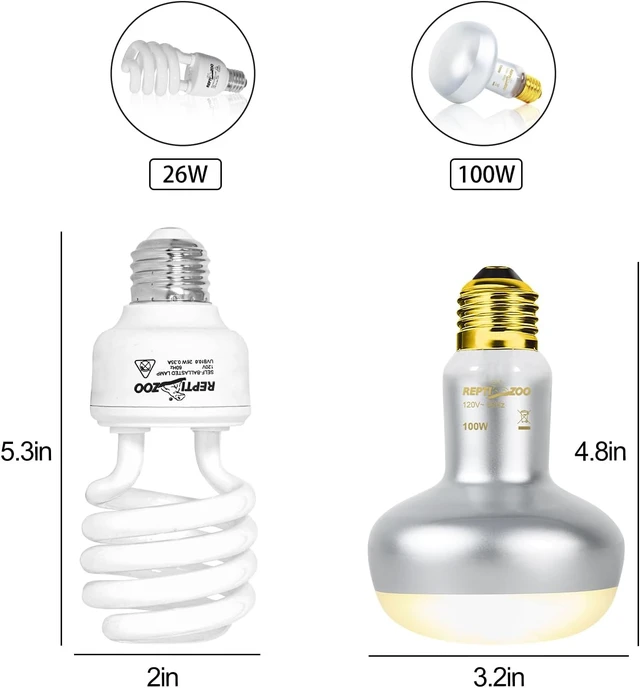 Alt view image 6 of 7 - Reptile Heat Lamp Combo Pack with Dual Fixture 100W Intense UVA Basking Spot & 26W Energy-Saving UVA UVB 10.0 Spiral Compact Bulb