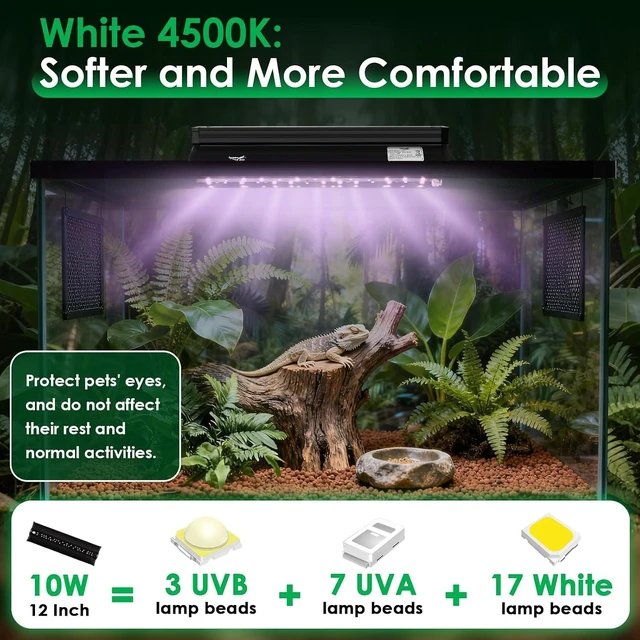 Alt view image 4 of 7 - 12-Inch 10W HO LED UVB Reptile Light Fixture with Timer & 5 Adjustable Brightness Levels Terrarium UVA UVB Lamp for Bearded Dragon, Turtle, Snake, Crested Gecko & Chameleon