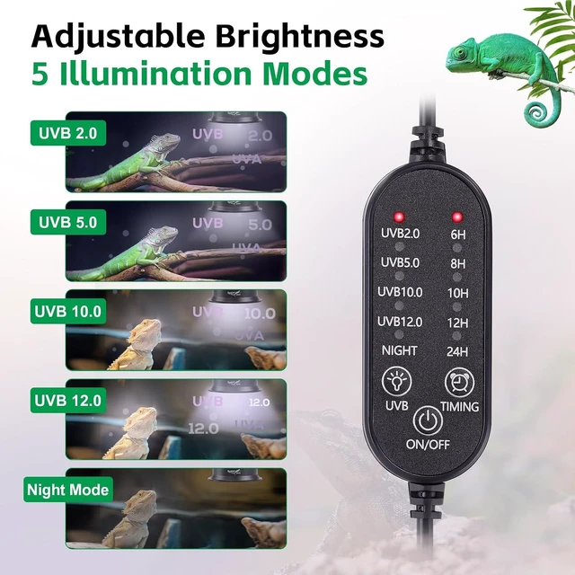 Alt view image 2 of 7 - UVA UVB Reptile Light Fixture with Timer & Adjustable Brightness LED UVB Lamp for Bearded Dragon, Gecko, Turtle, Chameleon, Lizard & Snake, Black