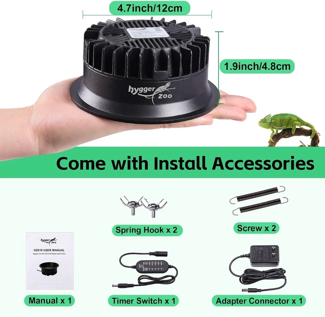 Alt view image 7 of 7 - UVA UVB Reptile Light Fixture with Timer & Adjustable Brightness LED UVB Lamp for Bearded Dragon, Gecko, Turtle, Chameleon, Lizard & Snake, Black