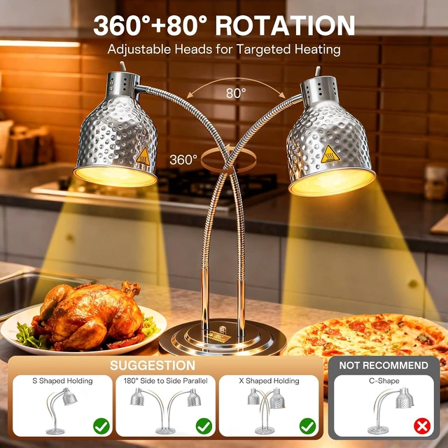 Alt view image 3 of 7 - 500W Commercial Food Warmer 2-Head Food Heat Lamp, Silver