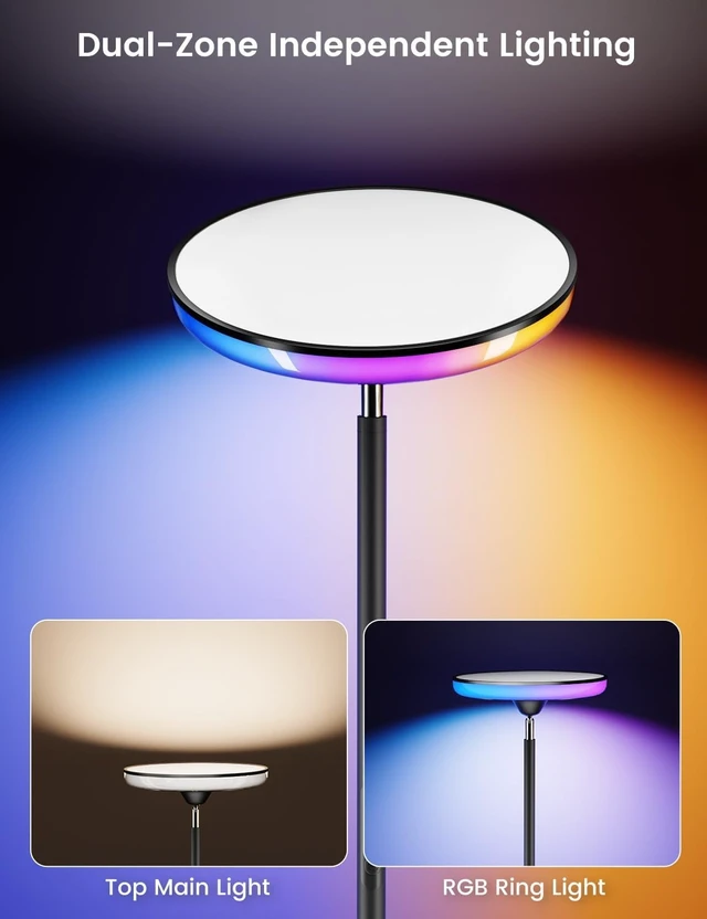 Alt view image 5 of 7 - UFO Torchiere Floor Lamp with RGB Ambient Light, 42W 3700LM, Black