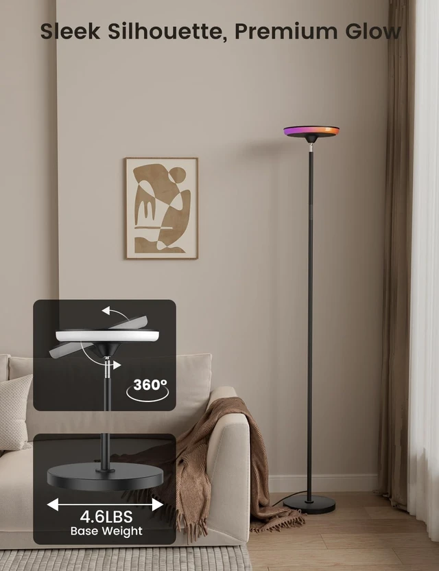 Alt view image 6 of 7 - UFO Torchiere Floor Lamp with RGB Ambient Light, 42W 3700LM, Black