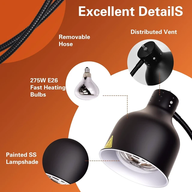 Alt view image 6 of 7 - Portable 3-Bulb 250W Commercial Food Heat Lamp Electric Food Warmer for Food Service, Restaurant, Buffet & Kitchen (Black)
