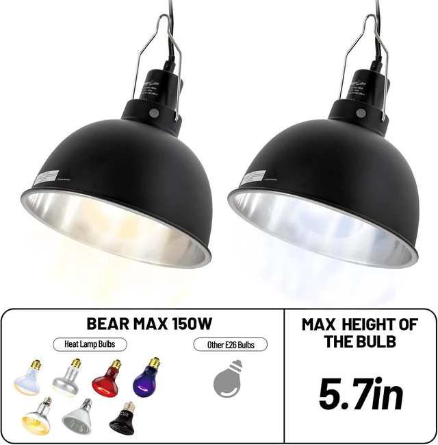 Alt view image 4 of 7 - 8.5-Inch Deep-Dome Reptile Heat Lamp Fixture (2 Pack) with Separate Switch & Hook Basking Light for Bearded Dragon, Snake & Lizard, Fits E26 Bulbs up to 150W