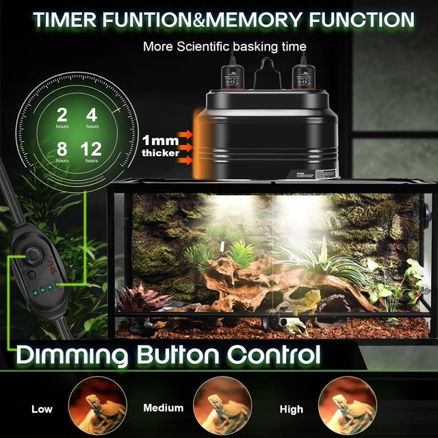 Alt view image 2 of 7 - Dual Reptile Light Fixture with Independent Thermostat Control & Timer Dimming Double Reflector Dome Heat Lamp for Bearded Dragon & Lizard Terrariums