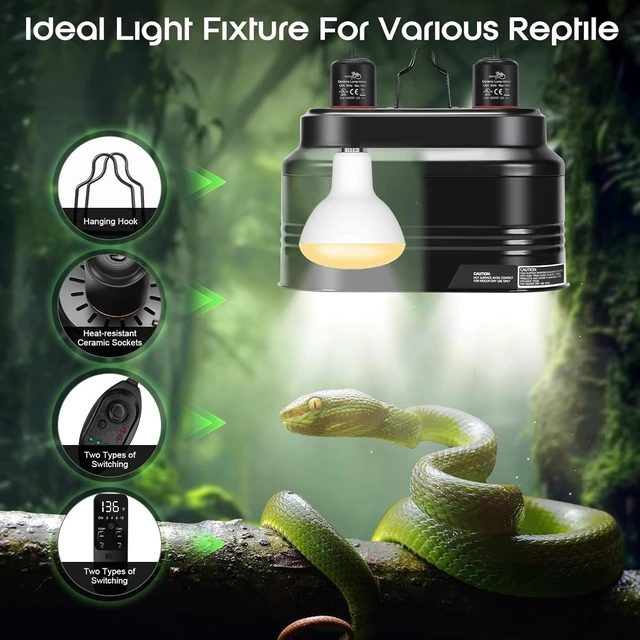 Alt view image 6 of 7 - Dual Reptile Light Fixture with Independent Thermostat Control & Timer Dimming Double Reflector Dome Heat Lamp for Bearded Dragon & Lizard Terrariums
