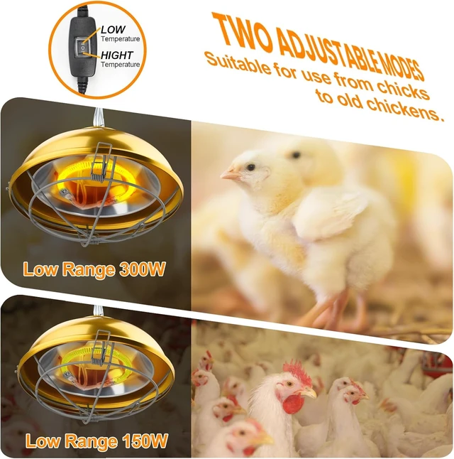 Alt view image 2 of 6 - 300W Chicken Coop Heat Lamp with 2-Mode Temperature & Adjustable Hanging Height, Waterproof for Indoor & Outdoor for Amphibians, Chicks, Ducks & Pets (round 300W)