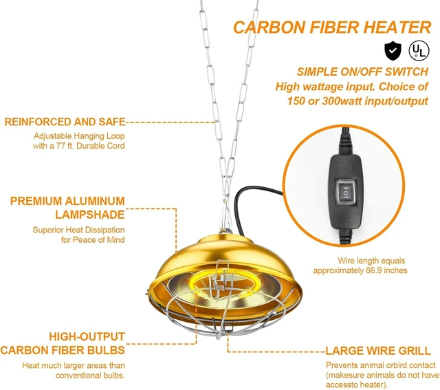 Alt view image 3 of 6 - 300W Chicken Coop Heat Lamp with 2-Mode Temperature & Adjustable Hanging Height, Waterproof for Indoor & Outdoor for Amphibians, Chicks, Ducks & Pets (round 300W)