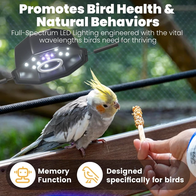Alt view image 4 of 7 - 10W Full-Spectrum Bird Cage Light with Chew Guard, UVB2.4 Dimmable Octagonal LED Fixture with Plug & Controller for Captive Birds & Parrots