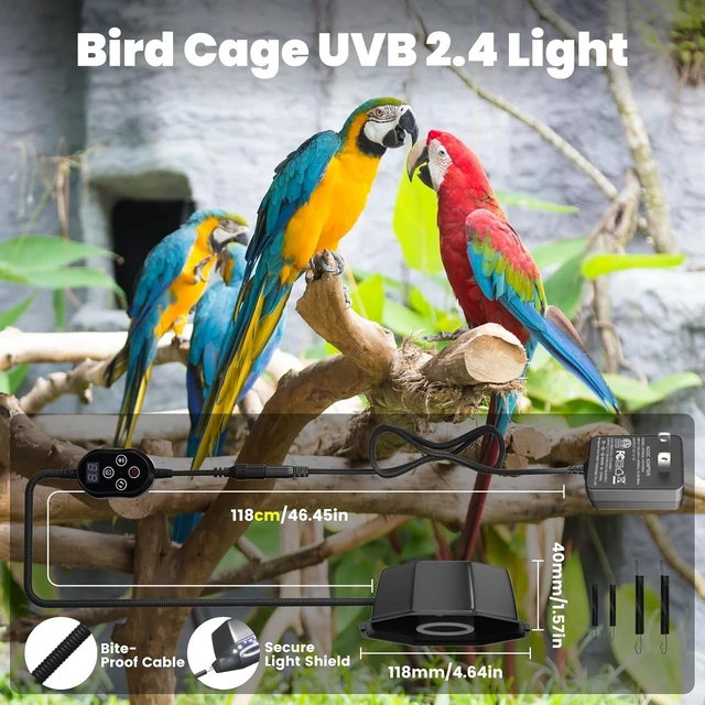 Alt view image 5 of 7 - 10W Full-Spectrum Bird Cage Light with Chew Guard, UVB2.4 Dimmable Octagonal LED Fixture with Plug & Controller for Captive Birds & Parrots