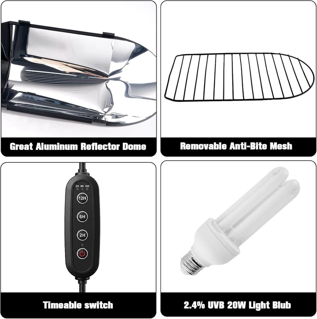 Alt view image 3 of 7 - Bird Cage Light Fixture Combo Kit with Adjustable Timer Lamp Hood with 2.4% UVB UVA 20W Compact Fluorescent Bulb for Captive Birds & Reptiles