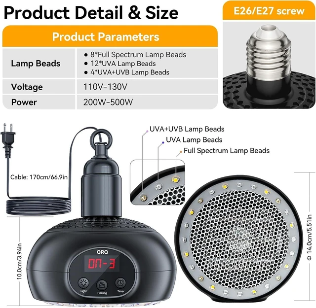 Alt view image 6 of 7 - 200W-350W-500W Chicken Coop Heater with UVA UVB Dimmable Light & 3-6-9-12H Timer Outdoor Heater for Chicken House, Dog House, Greenhouse, Dogs, Cats, Reptiles & Birds