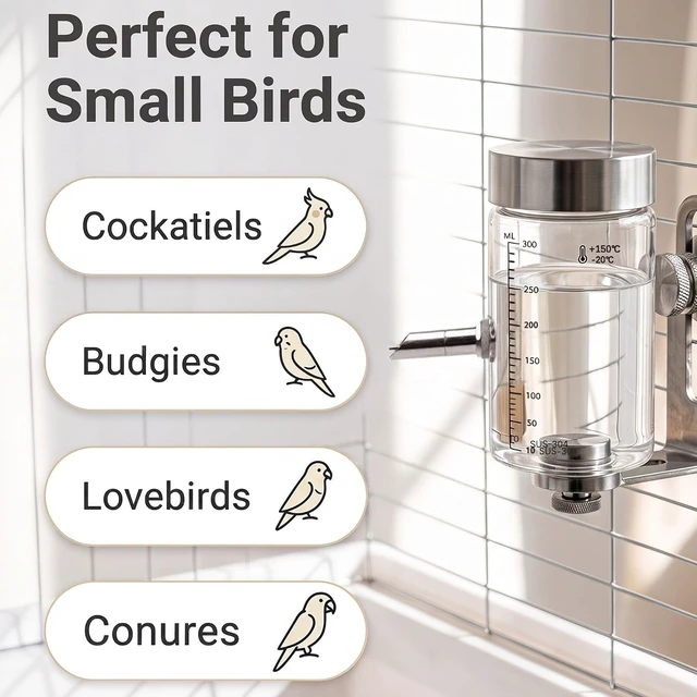 Alt view image 5 of 5 - Leak-Proof No-Drip Glass Water Dispenser Bottle for Parrots