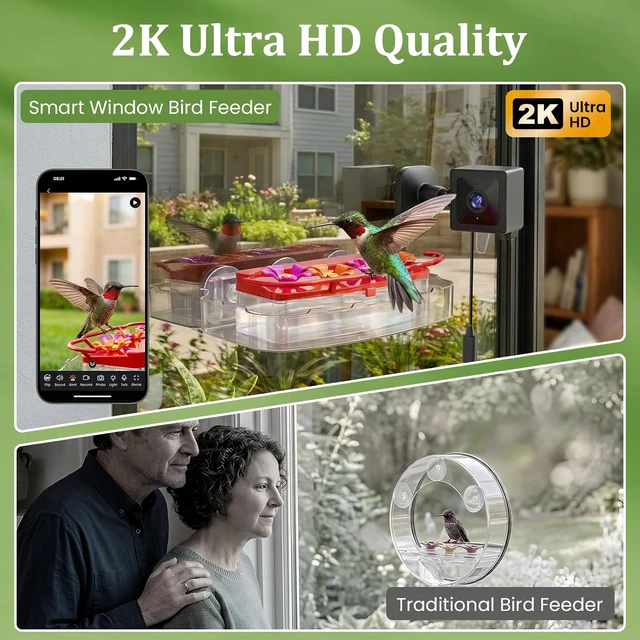 Alt view image 5 of 7 - 2K Smart Window Hummingbird Feeder Camera with AI Identification & Auto-Capture IP65 Waterproof, Ant Moat, Strong Suction for Apartment & Cat TV, Gift for Bird Lovers