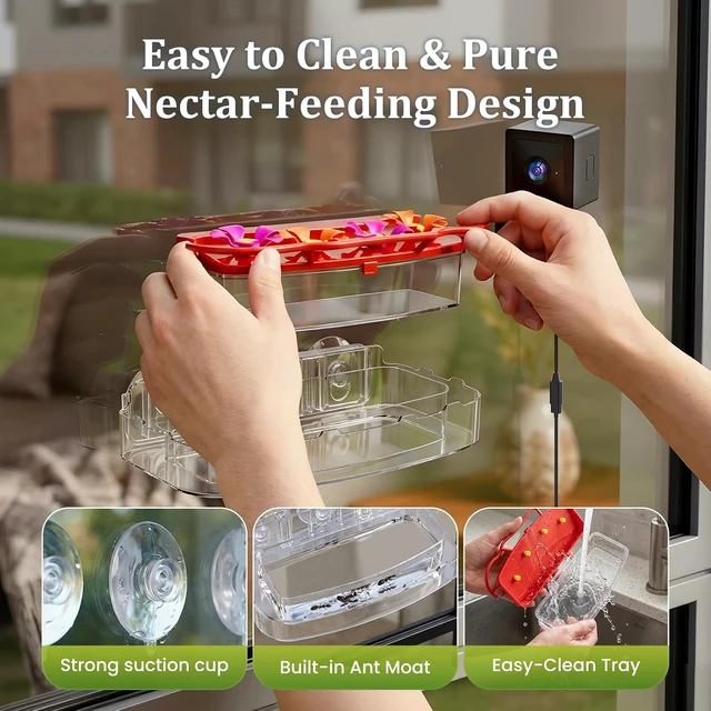 Alt view image 6 of 7 - 2K Smart Window Hummingbird Feeder Camera with AI Identification & Auto-Capture IP65 Waterproof, Ant Moat, Strong Suction for Apartment & Cat TV, Gift for Bird Lovers