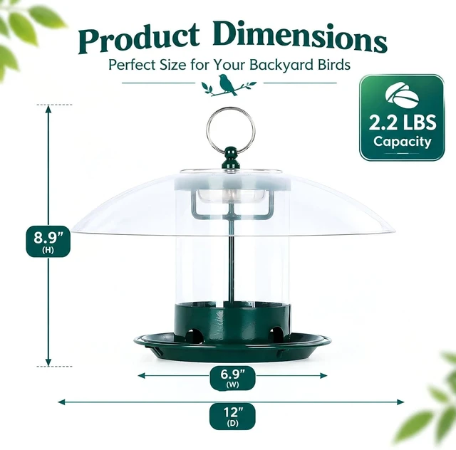 Alt view image 2 of 7 - Outdoor Metal Bird Feeder with 12" Weatherproof Dome, Green