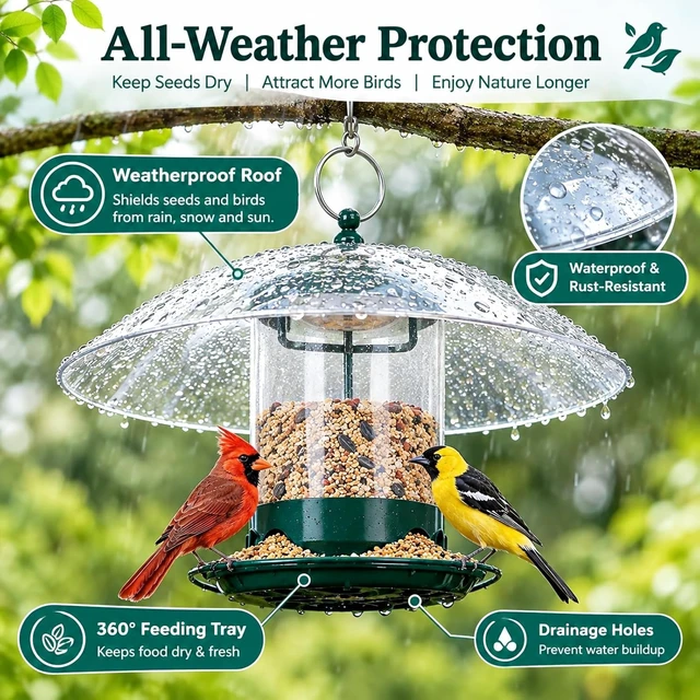 Alt view image 3 of 7 - Outdoor Metal Bird Feeder with 12" Weatherproof Dome, Green