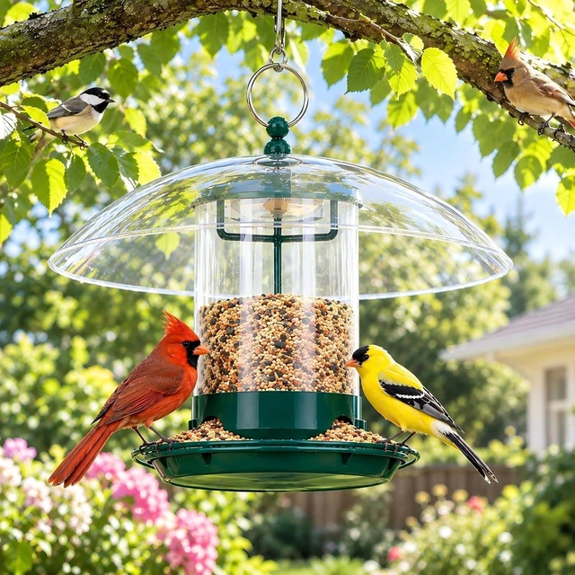 Alt view image 7 of 7 - Outdoor Metal Bird Feeder with 12" Weatherproof Dome, Green