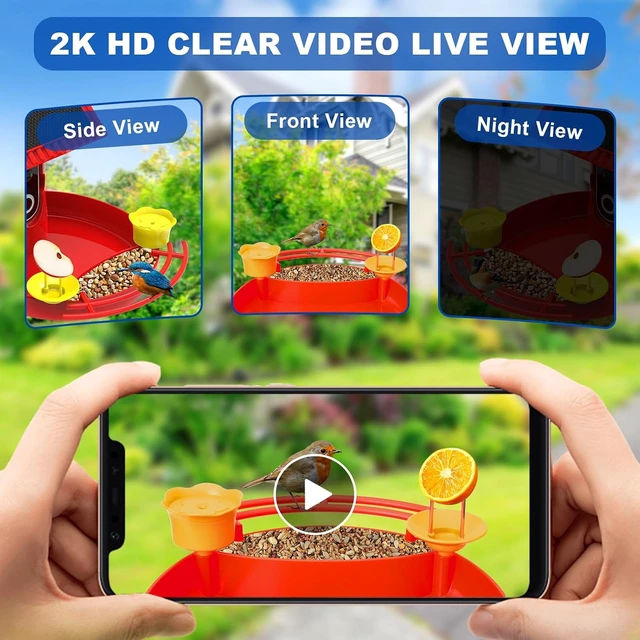 Alt view image 4 of 7 - 4K HD Smart Solar Bird Feeder Camera with Live View & AI Auto-Capture 3-in-1 Feeding, Bathing & Hummingbird Outdoor Garden Bird House (Red)