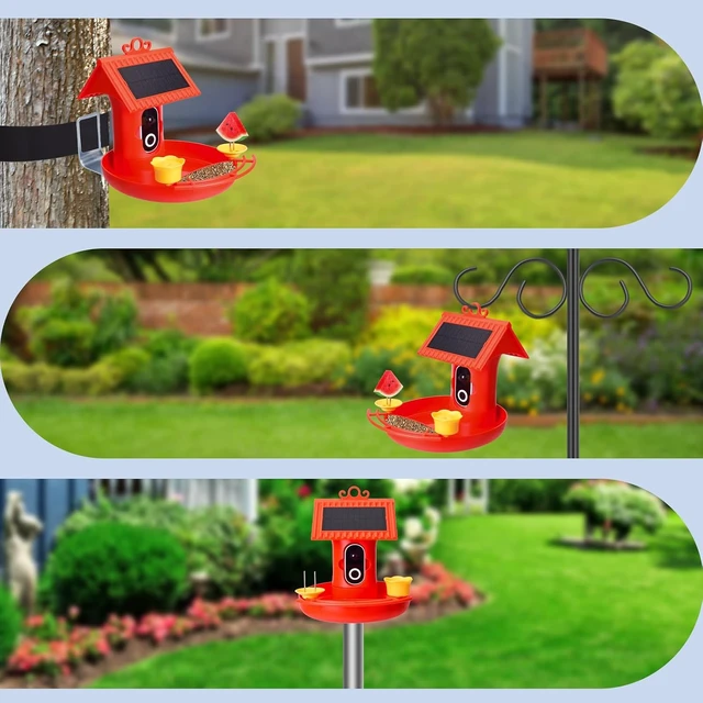 Alt view image 7 of 7 - 4K HD Smart Solar Bird Feeder Camera with Live View & AI Auto-Capture 3-in-1 Feeding, Bathing & Hummingbird Outdoor Garden Bird House (Red)