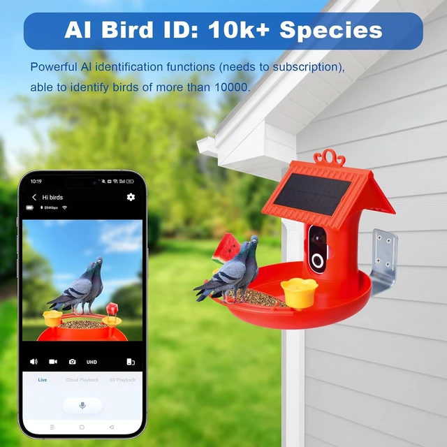 Alt view image 3 of 7 - 4K HD Smart Solar Bird Feeder Camera with Live View & AI Auto-Capture 3-in-1 Feeding, Bathing & Hummingbird Outdoor Garden Bird House (Red)