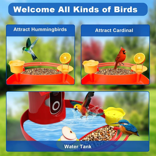 Alt view image 6 of 7 - 4K HD Smart Solar Bird Feeder Camera with Live View & AI Auto-Capture 3-in-1 Feeding, Bathing & Hummingbird Outdoor Garden Bird House (Red)