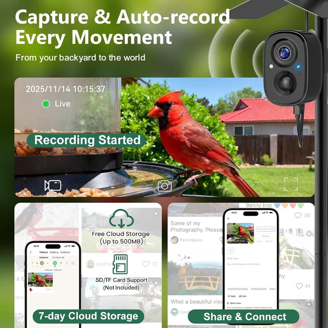 Alt view image 5 of 7 - Solar-Powered Smart Bird Camera with Pole for Feeder & Bath Birdwatching