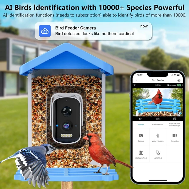 Alt view image 2 of 7 - 2.5K HD Smart Solar Bird Feeder Camera with AI Bird Species ID Bird House with Camera for Garden, Ideal Gift for Bird Lovers, Blue