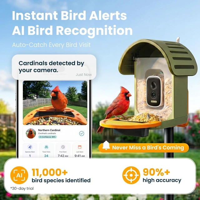 Alt view image 2 of 7 - 2.5K UHD Solar-Powered Smart Bird Feeder Camera, Green
