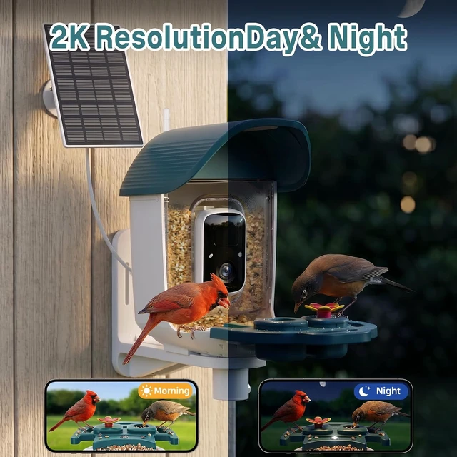 Alt view image 5 of 7 - 2K HD Solar-Powered Bird Feeder Camera with Instant Motion Alerts & AI Species ID Outdoor Bird Feeder, Gift for Mom, Dad & Bird Lovers (Cyan-Blue)